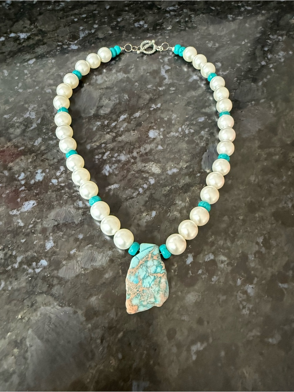 Turquoise Pendant Stone Statement Necklace Chunky Large Faux Pearl White 18”